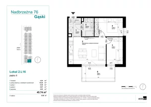 3 pokoje, apartament inwestycyjny 45,74 m², piętro 2, oferta nr 2.L16, Goose Bay, Gąski, ul. Nadbrzeżna 76