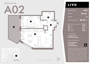 2 pokoje, mieszkanie 48,38 m², parter, oferta nr A02, Livo, Warszawa, Białołęka, Grodzisk, ul. Tajemna 12