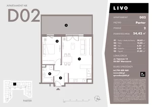 2 pokoje, mieszkanie 54,42 m², parter, oferta nr D02, Livo, Warszawa, Białołęka, Grodzisk, ul. Tajemna 12