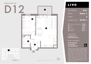 2 pokoje, mieszkanie 54,42 m², piętro 1, oferta nr D12, Livo, Warszawa, Białołęka, Grodzisk, ul. Tajemna 12