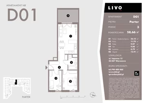 3 pokoje, mieszkanie 58,66 m², parter, oferta nr D01, Livo, Warszawa, Białołęka, Grodzisk, ul. Tajemna 12