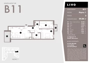 3 pokoje, mieszkanie 59,06 m², piętro 1, oferta nr B11, Livo, Warszawa, Białołęka, Grodzisk, ul. Tajemna 12