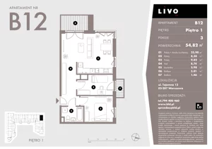 3 pokoje, mieszkanie 54,82 m², piętro 1, oferta nr B12, Livo, Warszawa, Białołęka, Grodzisk, ul. Tajemna 12