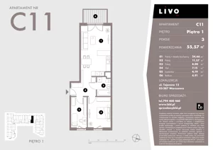 3 pokoje, mieszkanie 55,57 m², piętro 1, oferta nr C11, Livo, Warszawa, Białołęka, Grodzisk, ul. Tajemna 12