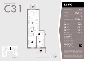 3 pokoje, mieszkanie 58,66 m², piętro 1, oferta nr C13, Livo, Warszawa, Białołęka, Grodzisk, ul. Tajemna 12