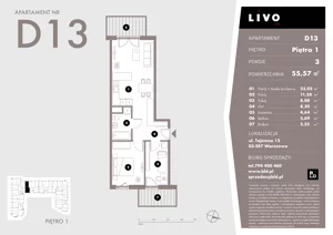 3 pokoje, mieszkanie 55,57 m², piętro 1, oferta nr D13, Livo, Warszawa, Białołęka, Grodzisk, ul. Tajemna 12
