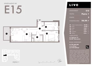 3 pokoje, mieszkanie 58,58 m², piętro 1, oferta nr E15, Livo, Warszawa, Białołęka, Grodzisk, ul. Tajemna 12
