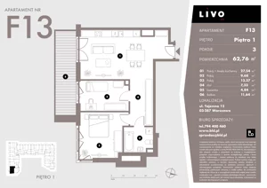 3 pokoje, mieszkanie 62,76 m², piętro 1, oferta nr F13, Livo, Warszawa, Białołęka, Grodzisk, ul. Tajemna 12