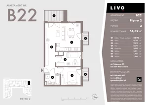 3 pokoje, mieszkanie 54,82 m², piętro 2, oferta nr B22, Livo, Warszawa, Białołęka, Grodzisk, ul. Tajemna 12