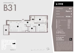3 pokoje, mieszkanie 59,06 m², piętro 3, oferta nr B31, Livo, Warszawa, Białołęka, Grodzisk, ul. Tajemna 12