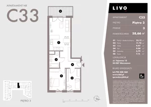 3 pokoje, mieszkanie 58,66 m², piętro 3, oferta nr C33, Livo, Warszawa, Białołęka, Grodzisk, ul. Tajemna 12