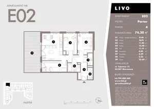 4 pokoje, mieszkanie 74,20 m², parter, oferta nr E02, Livo, Warszawa, Białołęka, Grodzisk, ul. Tajemna 12