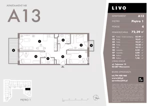 4 pokoje, mieszkanie 72,39 m², piętro 1, oferta nr A13, Livo, Warszawa, Białołęka, Grodzisk, ul. Tajemna 12