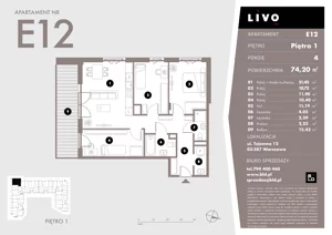 4 pokoje, mieszkanie 74,20 m², piętro 1, oferta nr E12, Livo, Warszawa, Białołęka, Grodzisk, ul. Tajemna 12