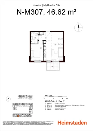 2 pokoje, mieszkanie 46,62 m², piętro 4, oferta nr M307, Heimstaden Myśliwska, Kraków, Podgórze, Płaszów, ul. Myśliwska 55A