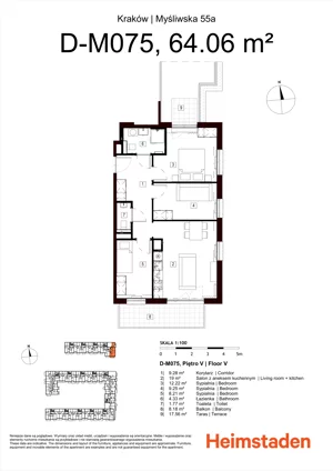 4 pokoje, mieszkanie 64,06 m², piętro 5, oferta nr M75, Heimstaden Myśliwska, Kraków, Podgórze, Płaszów, ul. Myśliwska 55A