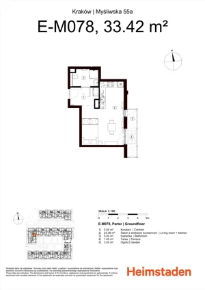 1 pokój, mieszkanie 33,42 m², parter, oferta nr M78, Heimstaden Myśliwska, Kraków, Podgórze, Płaszów, ul. Myśliwska 55A