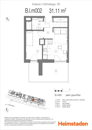 2 pokoje, mieszkanie 31,11 m², parter, oferta nr 7B.M002, Heimstaden Orlińskiego, Kraków, Czyżyny, ul. Orlińskiego 7B
