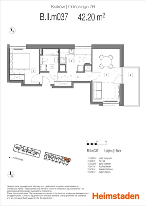 2 pokoje, mieszkanie 42,20 m², piętro 1, oferta nr 7B.M037, Heimstaden Orlińskiego, Kraków, Czyżyny, ul. Orlińskiego 7B