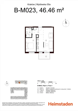2 pokoje, mieszkanie 46,46 m², piętro 1, oferta nr M23, Heimstaden Myśliwska, Kraków, Podgórze, Płaszów, ul. Myśliwska 55A