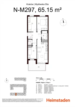 4 pokoje, mieszkanie 65,15 m², piętro 1, oferta nr M297, Heimstaden Myśliwska, Kraków, Podgórze, Płaszów, ul. Myśliwska 55A