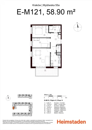 3 pokoje, mieszkanie 58,90 m², piętro 5, oferta nr M121, Heimstaden Myśliwska, Kraków, Podgórze, Płaszów, ul. Myśliwska 55A