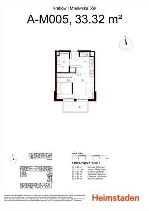 2 pokoje, mieszkanie 33,32 m², piętro 1, oferta nr M5, Heimstaden Myśliwska, Kraków, Podgórze, Płaszów, ul. Myśliwska 55A