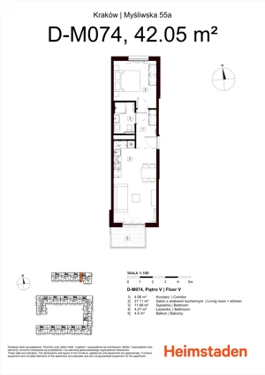 2 pokoje, mieszkanie 42,05 m², piętro 5, oferta nr M74, Heimstaden Myśliwska, Kraków, Podgórze, Płaszów, ul. Myśliwska 55A