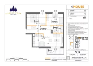 3 pokoje, mieszkanie 59,69 m², piętro 1, oferta nr C-16, Forest Park Kajetany, Nadarzyn, ul. Wojskowa 2