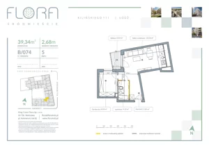 2 pokoje, apartament 39,34 m², piętro 5, oferta nr 74, Flora Śródmieście, Łódź, Śródmieście, ul. płk. Jana Kilińskiego 111