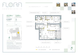 3 pokoje, apartament 63,94 m², piętro 3, oferta nr 97, Flora Śródmieście, Łódź, Śródmieście, ul. płk. Jana Kilińskiego 111