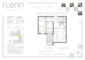 3 pokoje, apartament 64,67 m², piętro 5, oferta nr 121, Flora Śródmieście, Łódź, Śródmieście, ul. płk. Jana Kilińskiego 111