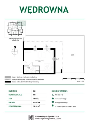 1 pokój, mieszkanie 36,83 m², parter, oferta nr M1, Osiedle Wędrowna bud. B2, Lublin, Sławin, ul. Wędrowna