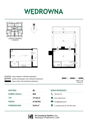 1 pokój, mieszkanie 65,48 m², piętro 3, oferta nr M26, Osiedle Wędrowna bud. B2, Lublin, Sławin, ul. Wędrowna