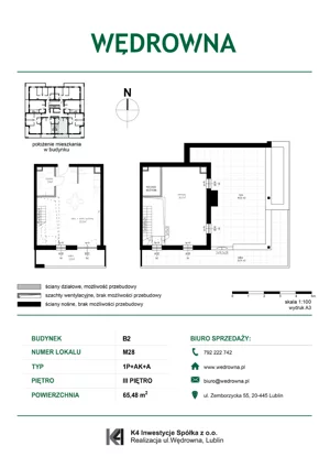1 pokój, mieszkanie 65,48 m², piętro 3, oferta nr M28, Osiedle Wędrowna bud. B2, Lublin, Sławin, ul. Wędrowna