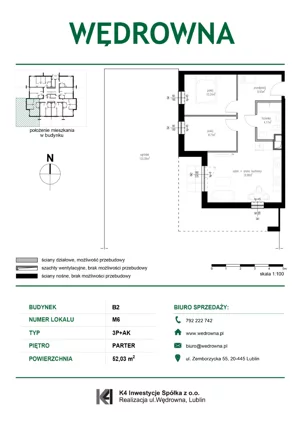 3 pokoje, mieszkanie 52,03 m², piętro 1, oferta nr M11, Osiedle Wędrowna bud. B2, Lublin, Sławin, ul. Wędrowna