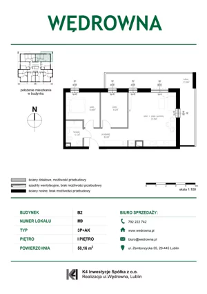 3 pokoje, mieszkanie 58,16 m², piętro 1, oferta nr M9, Osiedle Wędrowna bud. B2, Lublin, Sławin, ul. Wędrowna
