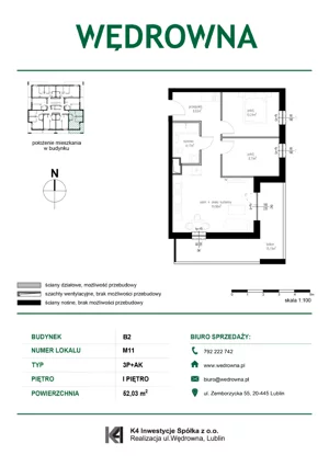 3 pokoje, mieszkanie 52,03 m², piętro 1, oferta nr M11, Osiedle Wędrowna bud. B2, Lublin, Sławin, ul. Wędrowna