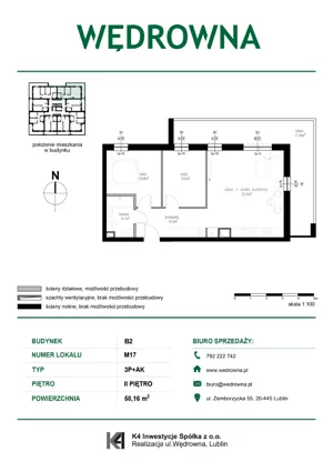 3 pokoje, mieszkanie 58,16 m², piętro 2, oferta nr M17, Osiedle Wędrowna bud. B2, Lublin, Sławin, ul. Wędrowna