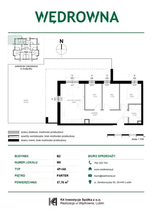 4 pokoje, mieszkanie 57,76 m², piętro 1, oferta nr M16, Osiedle Wędrowna bud. B2, Lublin, Sławin, ul. Wędrowna