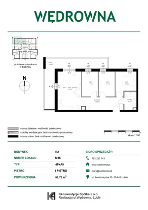 4 pokoje, mieszkanie 57,76 m², piętro 1, oferta nr M16, Osiedle Wędrowna bud. B2, Lublin, Sławin, ul. Wędrowna