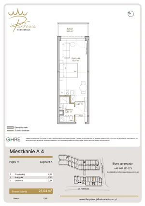 1 pokój, mieszkanie 26,04 m², piętro 1, oferta nr 1.A4,  Parkowa Rezydencja Ustroń, Ustroń, ul. Hutnicza 7