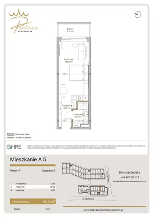 1 pokój, mieszkanie 26,11 m², piętro 1, oferta nr 1.A5,  Parkowa Rezydencja Ustroń, Ustroń, ul. Hutnicza 7