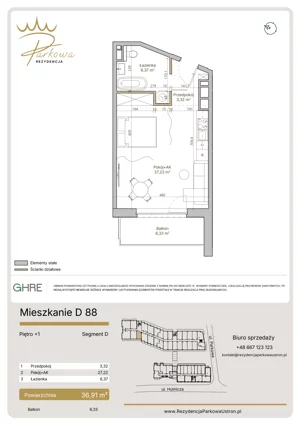 1 pokój, mieszkanie 36,91 m², piętro 1, oferta nr 1.D88,  Parkowa Rezydencja Ustroń, Ustroń, ul. Hutnicza 7