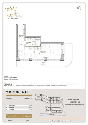 1 pokój, mieszkanie 26,60 m², piętro 1, oferta nr 1.C53,  Parkowa Rezydencja Ustroń, Ustroń, ul. Hutnicza 7