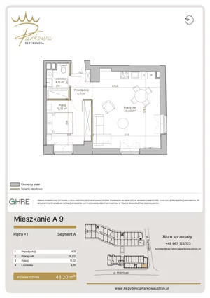 2 pokoje, mieszkanie 48,20 m², piętro 1, oferta nr A9,  Parkowa Rezydencja Ustroń, Ustroń, ul. Hutnicza 7