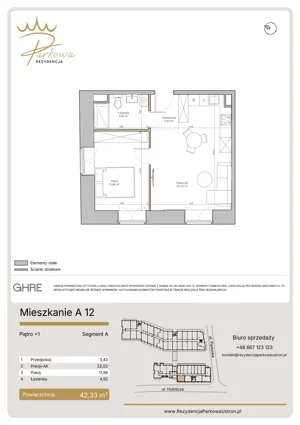 2 pokoje, mieszkanie 42,33 m², piętro 1, oferta nr 1.A12,  Parkowa Rezydencja Ustroń, Ustroń, ul. Hutnicza 7