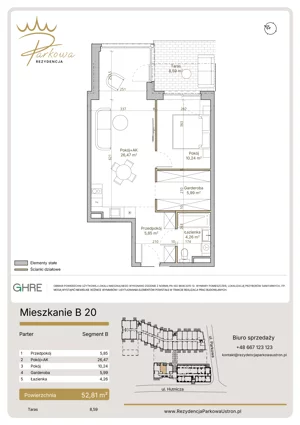 2 pokoje, mieszkanie 52,81 m², parter, oferta nr 1.B20,  Parkowa Rezydencja Ustroń, Ustroń, ul. Hutnicza 7