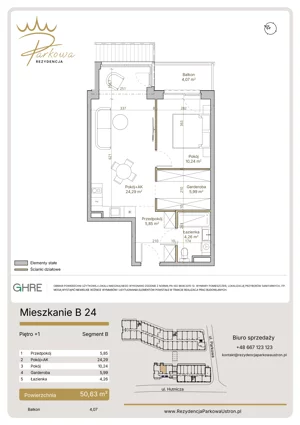 2 pokoje, mieszkanie 50,63 m², piętro 1, oferta nr 1.B24,  Parkowa Rezydencja Ustroń, Ustroń, ul. Hutnicza 7