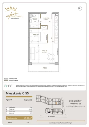 2 pokoje, mieszkanie 41,90 m², piętro 1, oferta nr 1.C55,  Parkowa Rezydencja Ustroń, Ustroń, ul. Hutnicza 7